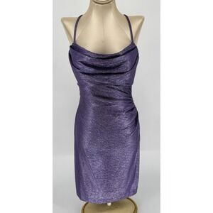 Morgan & Co Bodycon Mini Dress Halter‎ Cowl Neck Purple Metallic Prom Size 1